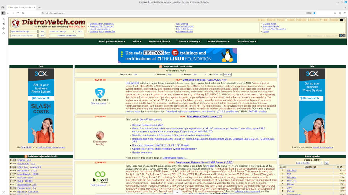 Spletna stran DistroWatch s seznamom Linux distribucij